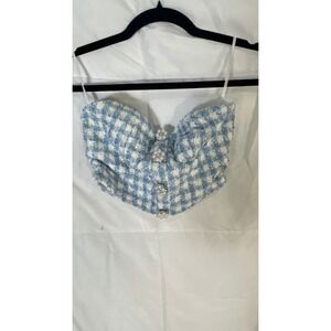 Shein Mod Blue White Plaid Tweed Corset Top Rhinestone Buttons Strapless